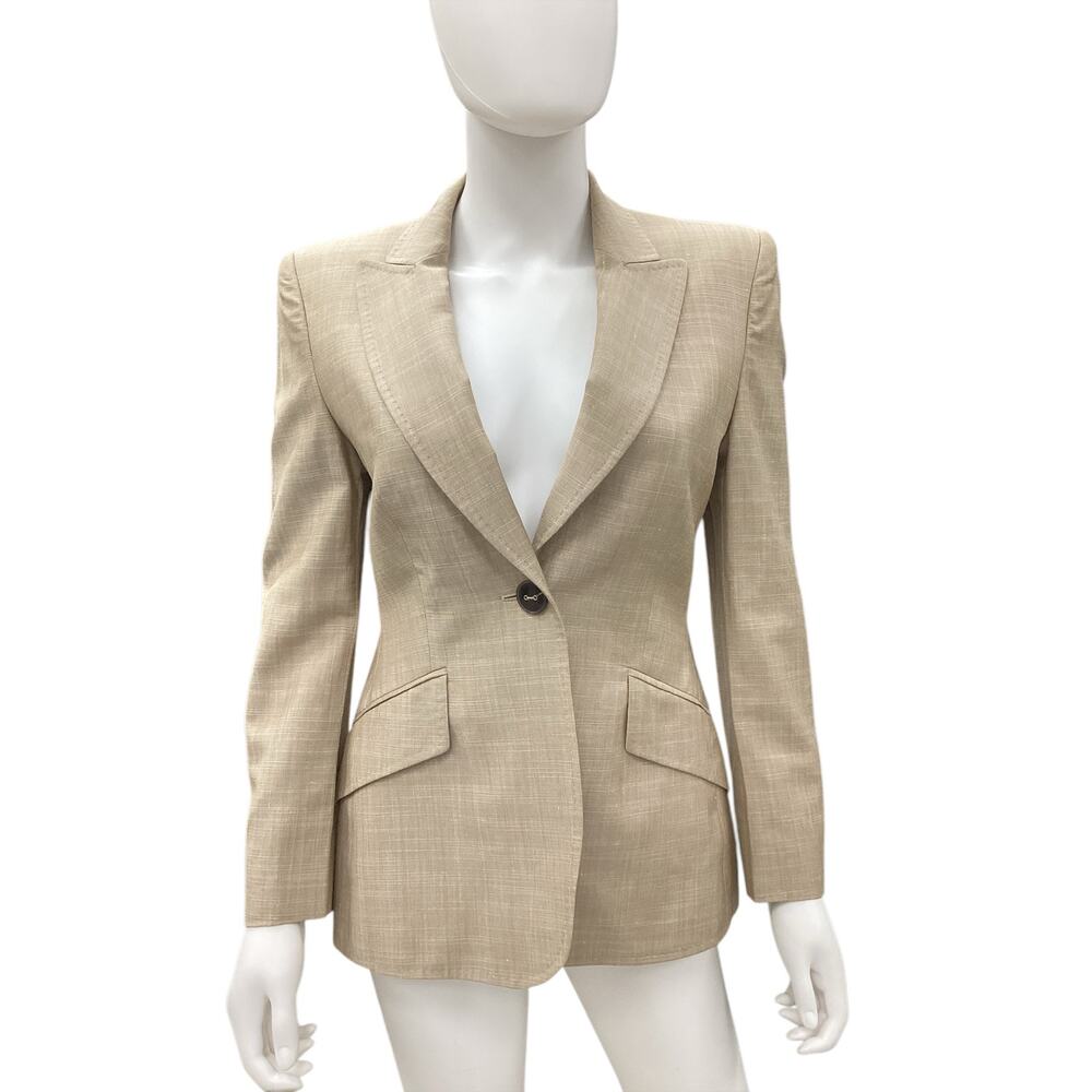 Escada Blazer Women’s Size S New Wool Silk Linen Blend Beautifully Tailored Tan